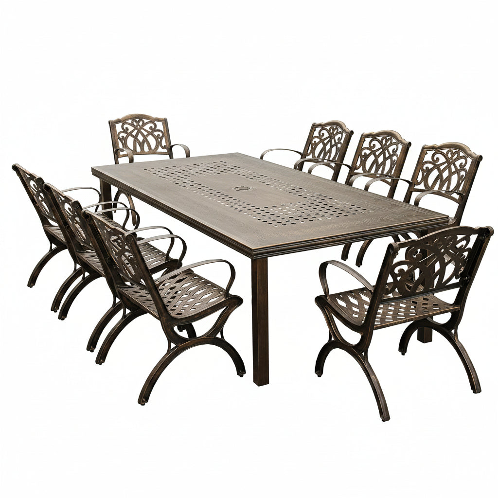 Modern Outdoor Mesh Lattice Aluminum 95-In Bronze Large Rectangular Patio Eight Arm Chairs Dining Set