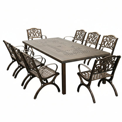 Modern Outdoor Mesh Lattice Aluminum 95-In Bronze Large Rectangular Patio Eight Arm Chairs Dining Set