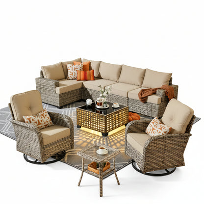 9 Pieces Patio Furniture Set outside Furniture Wicker Patio Conversation Set with Swivel Chairs, Outdoor Furniture for Garden, Beige